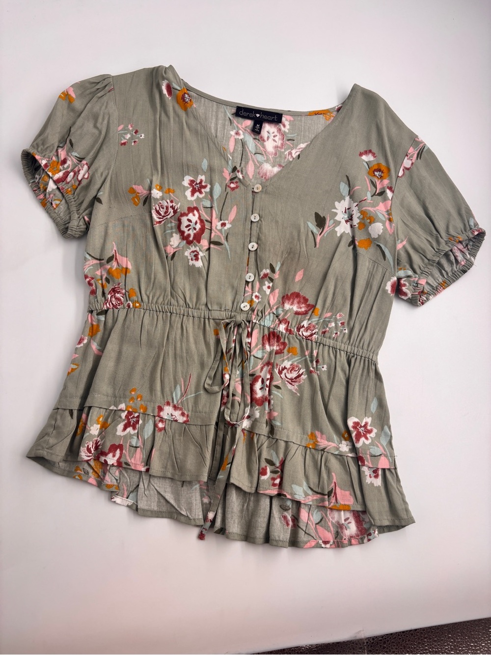 Olive Floral V-Neck Button Peplum Top